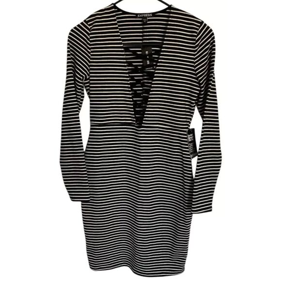 Express Women's Size SP Black and White Stripe Dress Stretch - Picture 3 of 11
